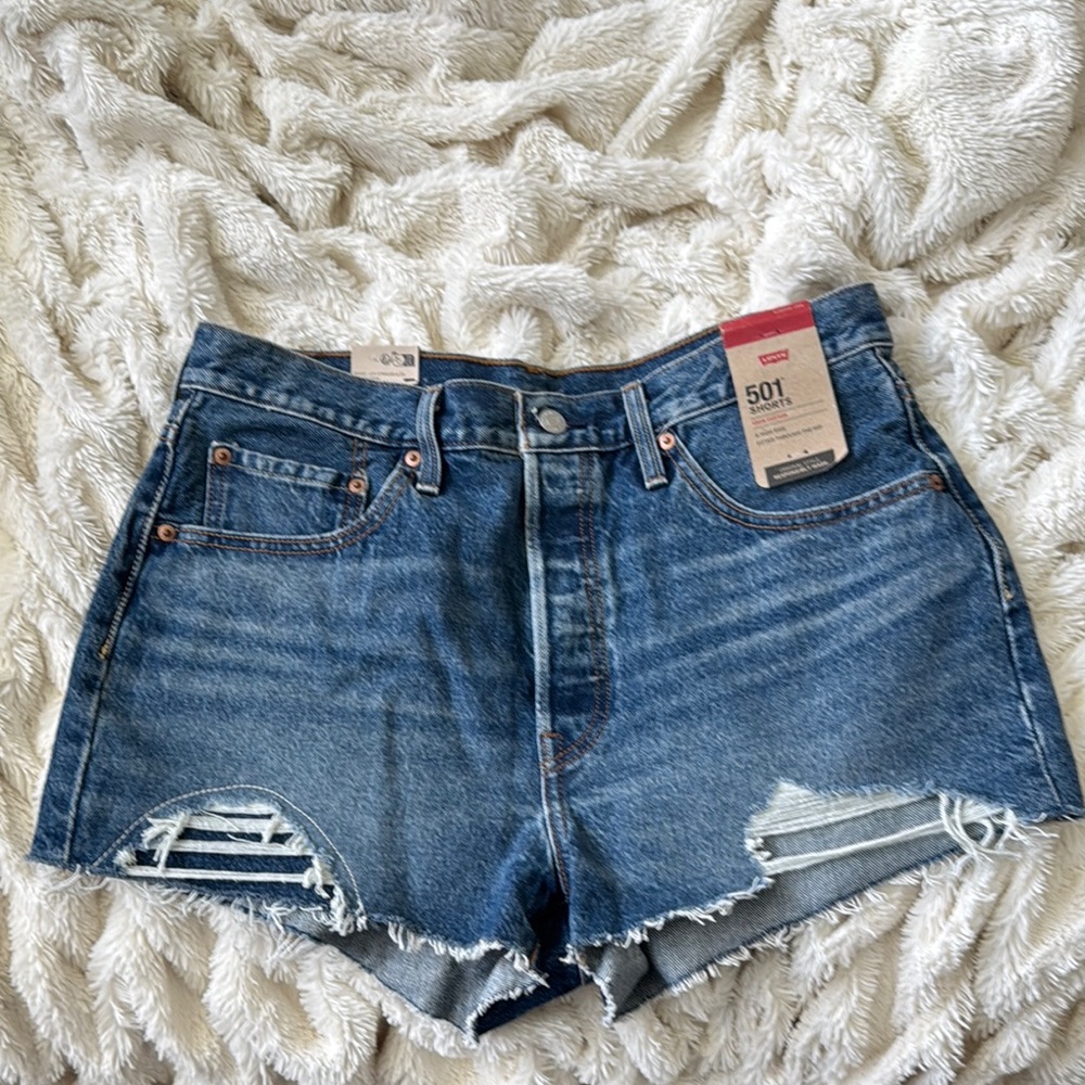 Levi's Blue High-Waisted Jean Shorts Distressed